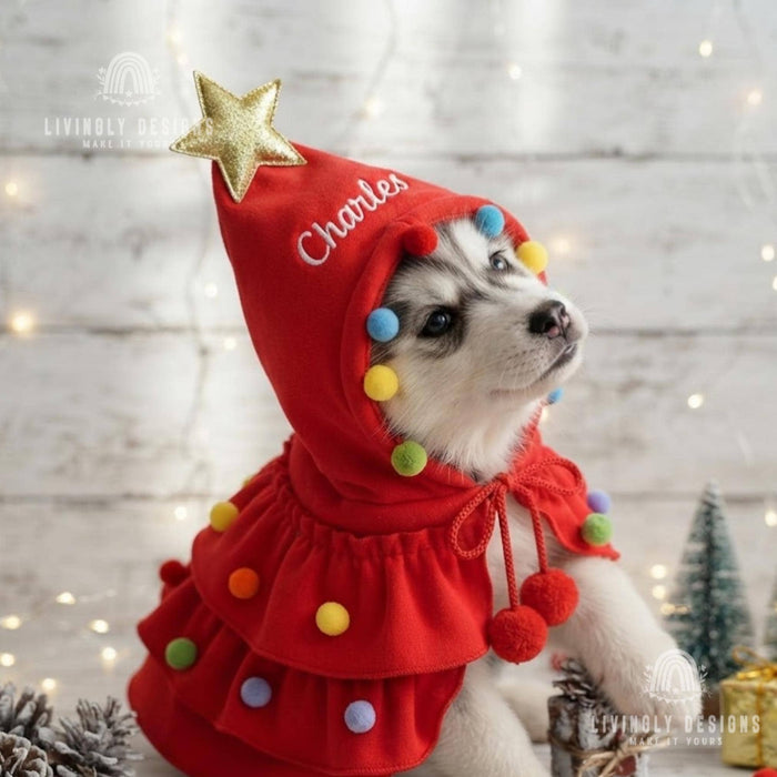 Custom Name Pet Christmas Tree Costume - Embroidered Cape for Dogs & Cats