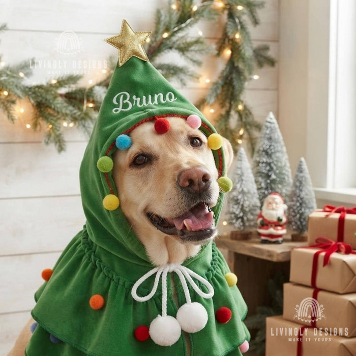Personalized Pet Christmas Tree Cape: Custom Embroidered Costume for Dogs & Cats, Festive Costume, Jacket