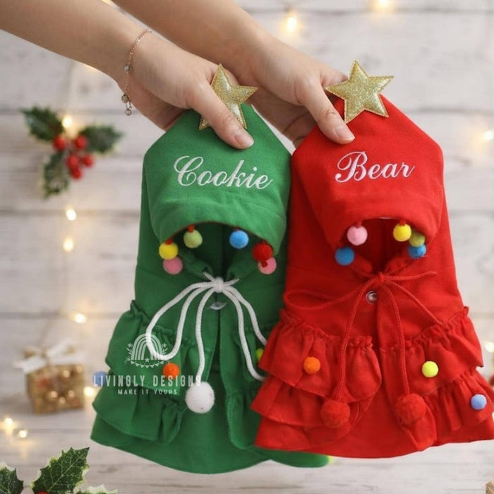 Custom Name Pet Christmas Tree Costume - Embroidered Cape for Dogs & Cats