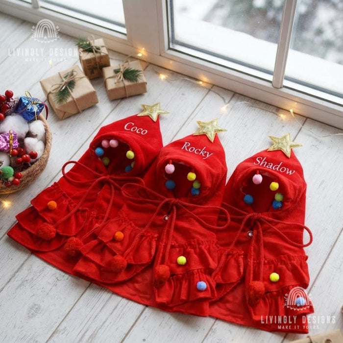Custom Name Pet Christmas Tree Costume - Embroidered Cape for Dogs & Cats