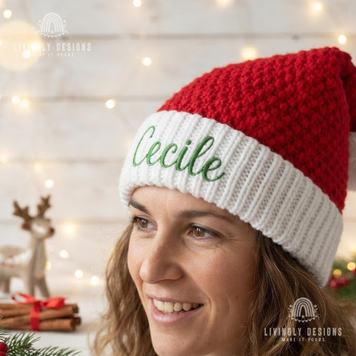 Custom Name Crochet Santa Hat - Embroidered Chunky Beanie for Adults