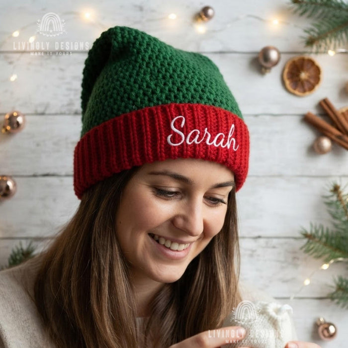 Custom Name Crochet Santa Hat - Embroidered Chunky Beanie for Adults
