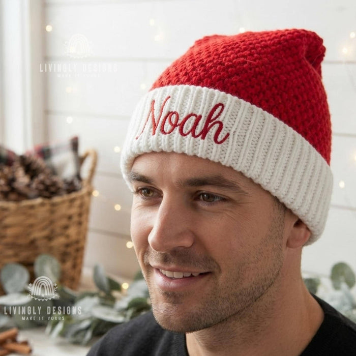 Personalized Crochet Santa Beanie: Custom Embroidered Chunky Knit Hat for Adults, Santa Hat - Embroidered Chunky Beanie for Adults