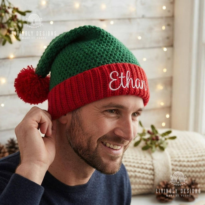 Custom Name Crochet Santa Hat - Embroidered Chunky Beanie for Adults