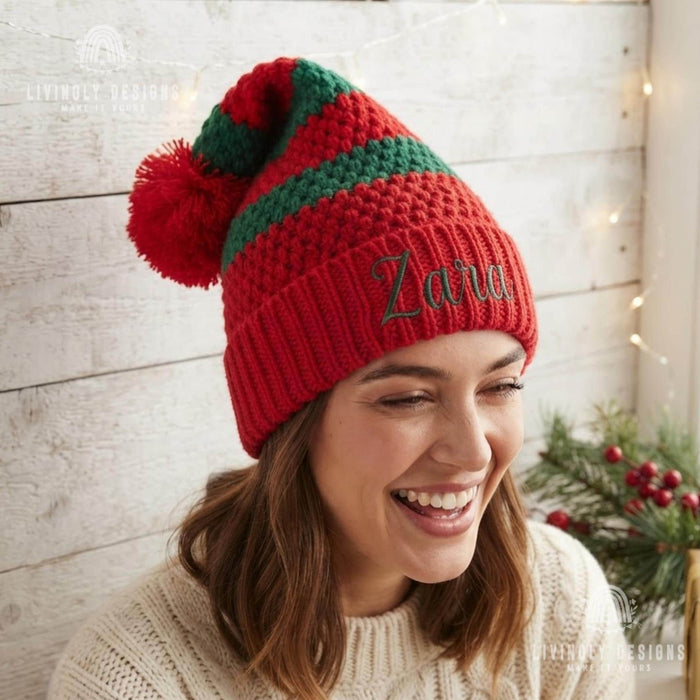 Personalized Crochet Santa Beanie: Custom Embroidered Chunky Knit Hat for Adults, Santa Hat - Embroidered Chunky Beanie for Adults