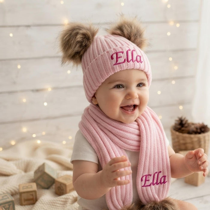 Personalized Baby Pom Pom Hat & Scarf Set, Custom Embroidered Winter Set