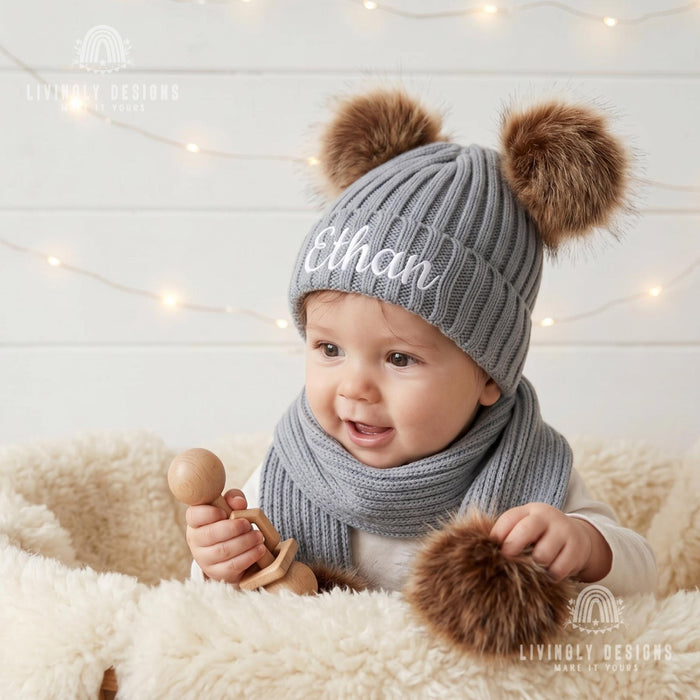 Custom Embroidered Baby Winter Set: Personalized Pom Pom Hat & Scarf
