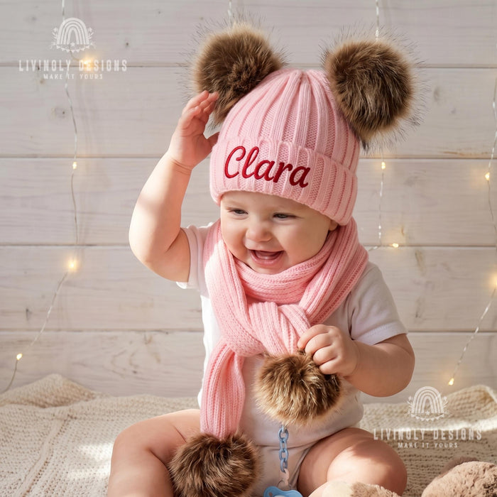 Custom Embroidered Baby Winter Set: Personalized Pom Pom Hat & Scarf