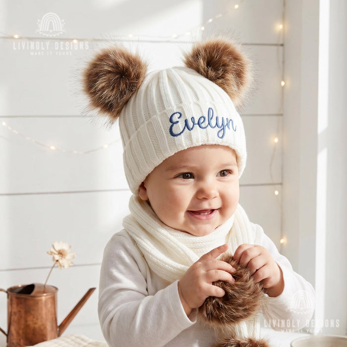 Personalized Baby Pom Pom Hat & Scarf Set, Custom Embroidered Winter Set