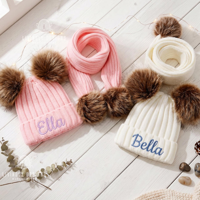 Custom Embroidered Baby Winter Set: Personalized Pom Pom Hat & Scarf