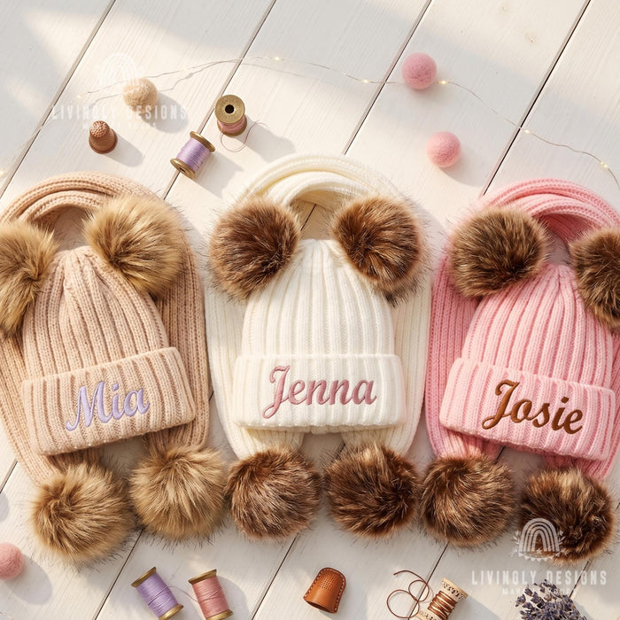 Custom Embroidered Baby Winter Set: Personalized Pom Pom Hat & Scarf