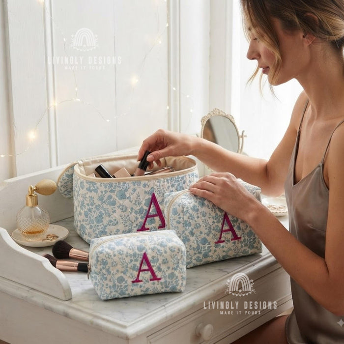Personalized Makeup Bag Set, Monogram Quilted Cosmetic Bags