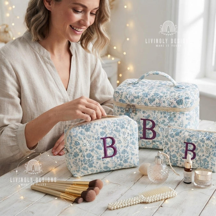 Personalized Makeup Bag Set, Monogram Quilted Cosmetic Bags