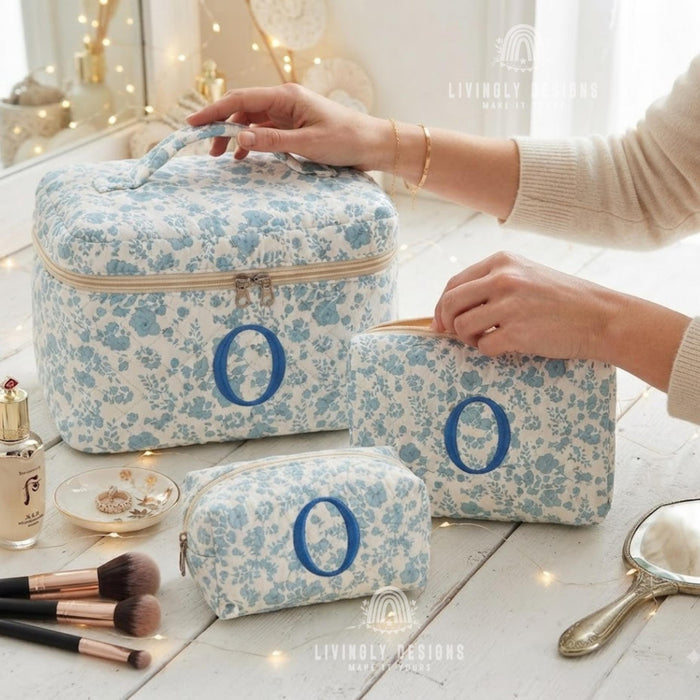 Personalized Makeup Bag Set, Monogram Quilted Cosmetic Bags