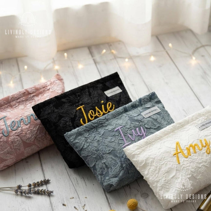 Custom Embroidered Name Makeup Pouch: Floral Jacquard Cosmetic Bag Gift