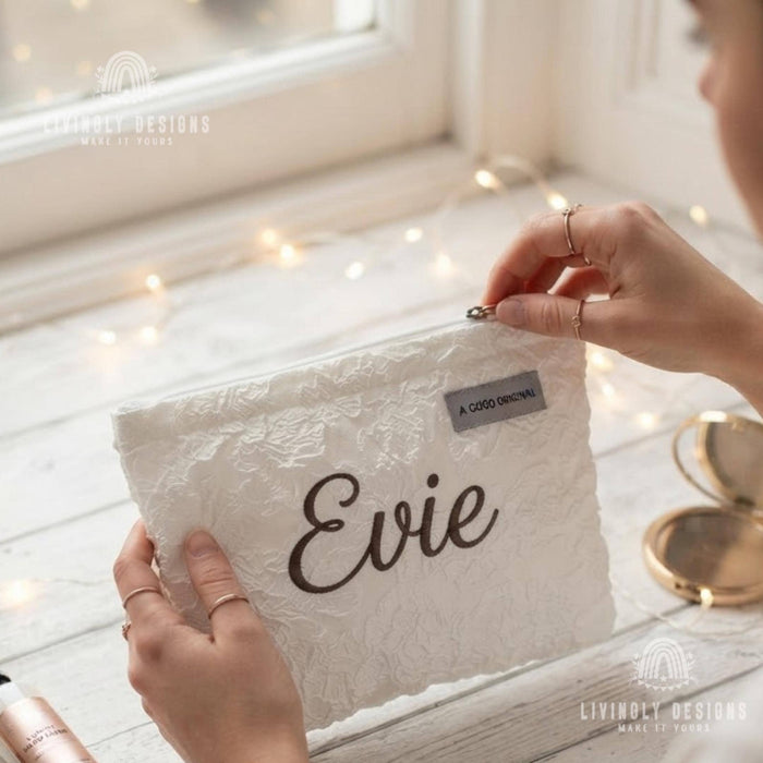 Custom Embroidered Name Makeup Pouch: Floral Jacquard Cosmetic Bag Gift