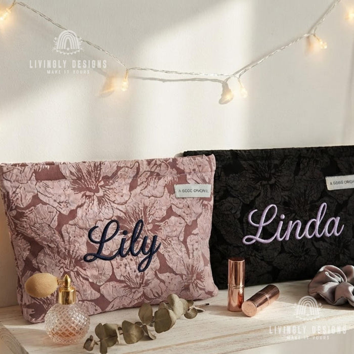 Custom Embroidered Name Makeup Pouch: Floral Jacquard Cosmetic Bag Gift