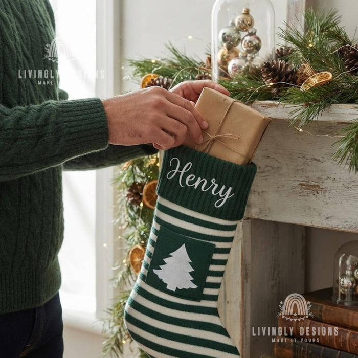 Personalized Knit Christmas Stocking: Custom Name Striped Stocking with Front Pocket