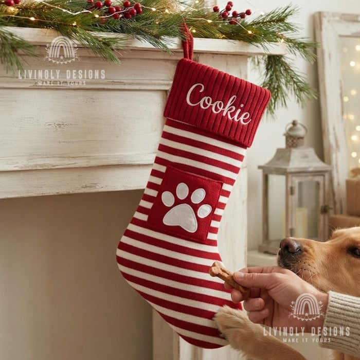 Personalized Knit Christmas Stocking: Custom Name Striped Stocking with Front Pocket