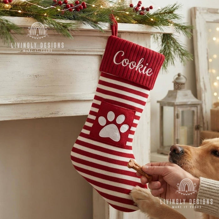 Custom Name Knit Stocking, Striped Christmas Stocking with Pocket, Christmas Gift