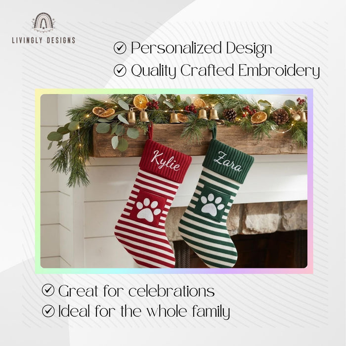 Personalized Knit Christmas Stocking: Custom Name Striped Stocking with Front Pocket