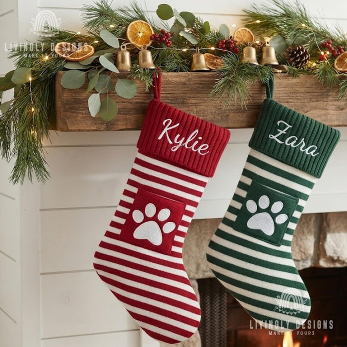 Personalized Knit Christmas Stocking: Custom Name Striped Stocking with Front Pocket