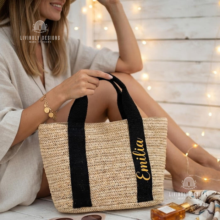 Personalized Woven Beach Tote: Custom Name Embroidered Handle Straw Bag, Bridesmaids Gift, Custom Tote Bag