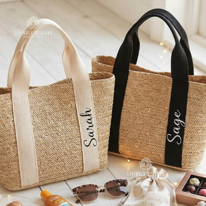 Custom Name Straw Tote, Woven Beach Bag with Embroidered Handle, Personalized Gift