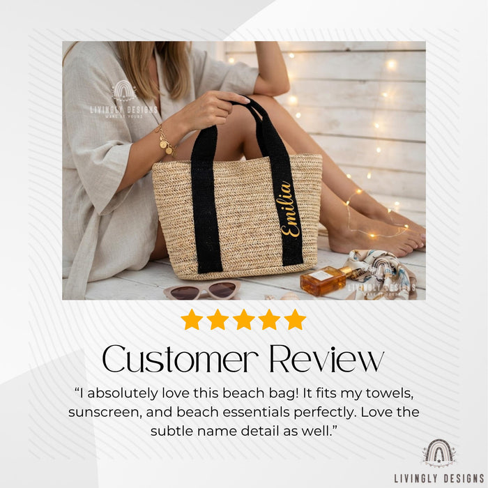 Custom Name Straw Tote, Woven Beach Bag with Embroidered Handle, Personalized Gift