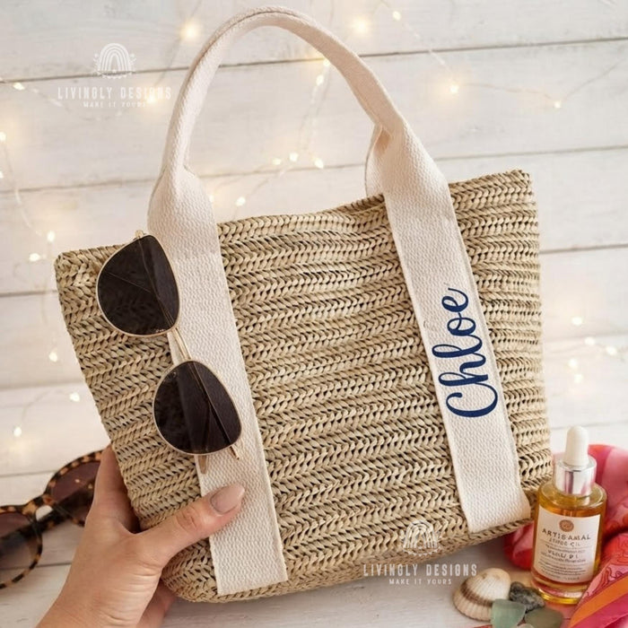 Custom Name Straw Tote, Woven Beach Bag with Embroidered Handle, Personalized Gift