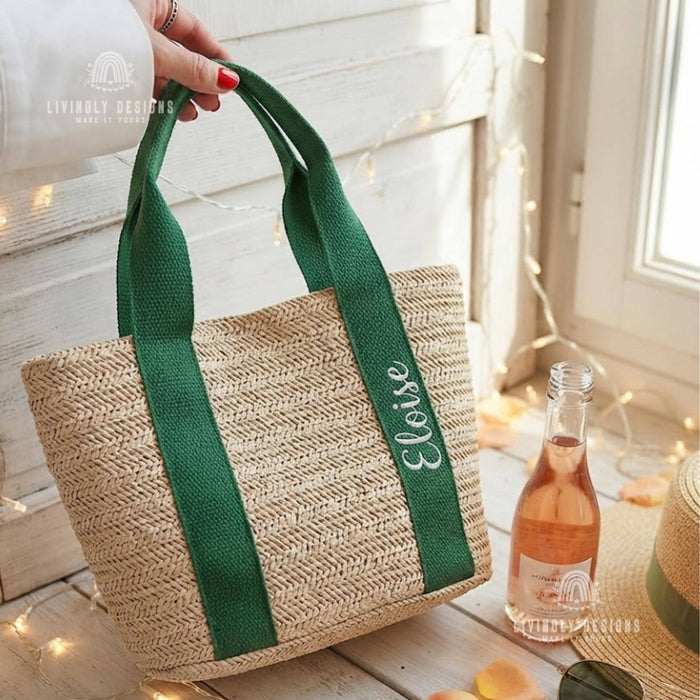 Custom Name Straw Tote, Woven Beach Bag with Embroidered Handle, Personalized Gift