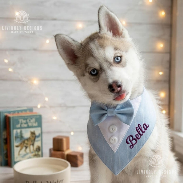 Custom Name Dog Bandana with Bow Tie, Wedding Tuxedo Bib for Pets