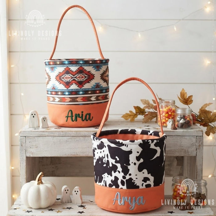 Custom Name Trick or Treat Bucket, Embroidered Halloween Candy Pail Tote