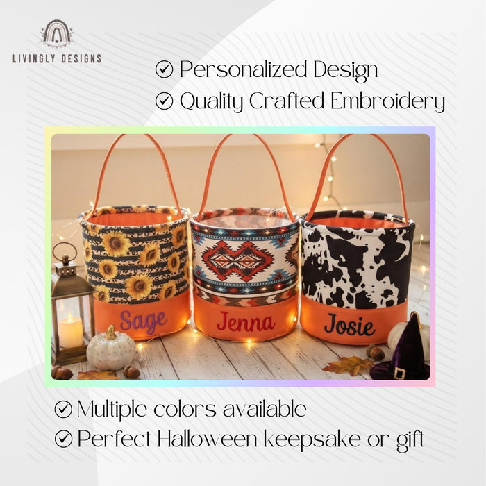 Personalized Halloween Candy Bucket: Custom Name Embroidered Trick-or-Treat Pail