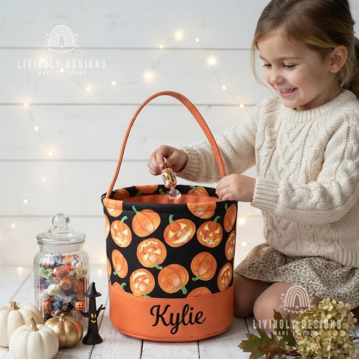 Custom Name Trick or Treat Bucket, Embroidered Halloween Candy Pail Tote