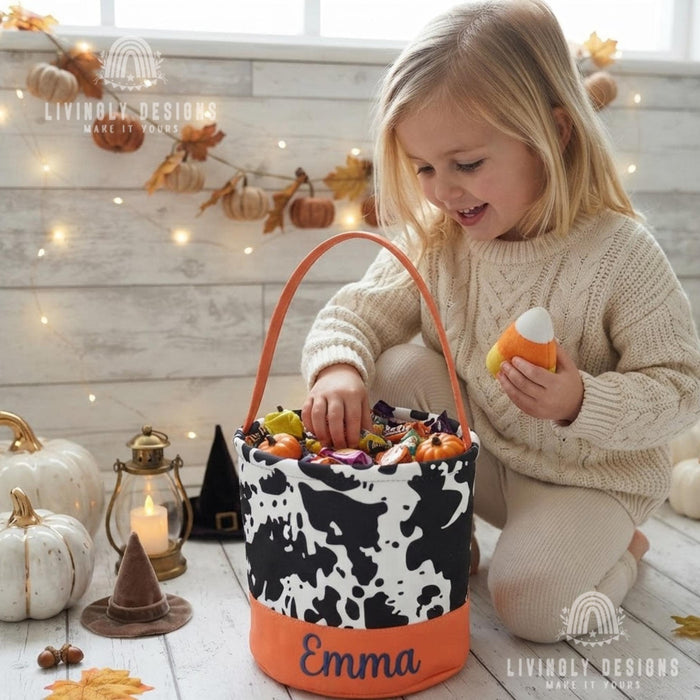 Custom Name Trick or Treat Bucket, Embroidered Halloween Candy Pail Tote