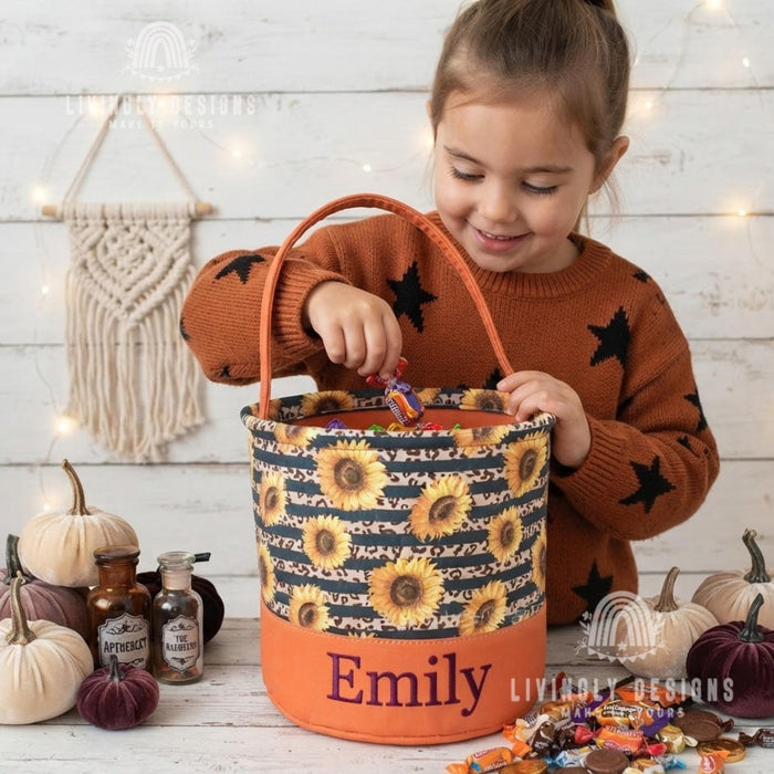 Personalized Halloween Candy Bucket: Custom Name Embroidered Trick-or-Treat Pail
