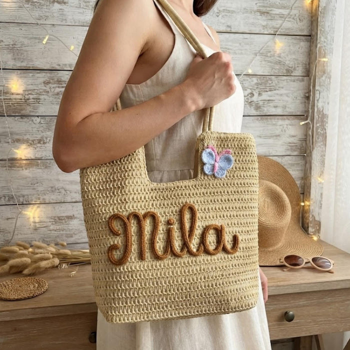 Personalized Rope Name Straw Tote: Crochet Beach Bag