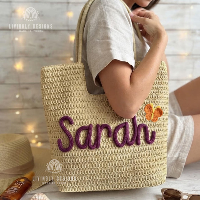 Personalized Rope Name Straw Tote: Crochet Beach Bag