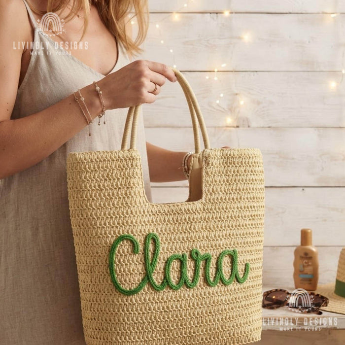 Personalized Rope Name Straw Tote: Crochet Beach Bag
