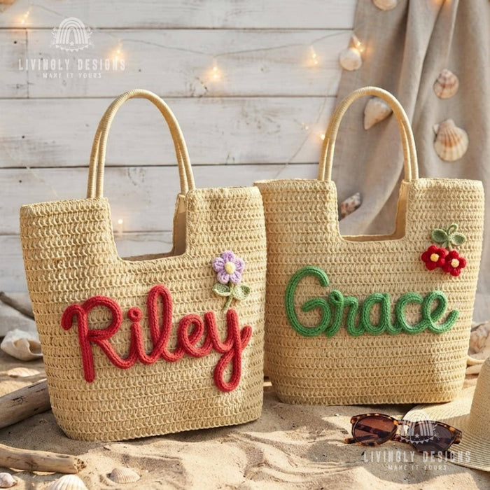 Personalized Rope Name Straw Tote: Crochet Beach Bag