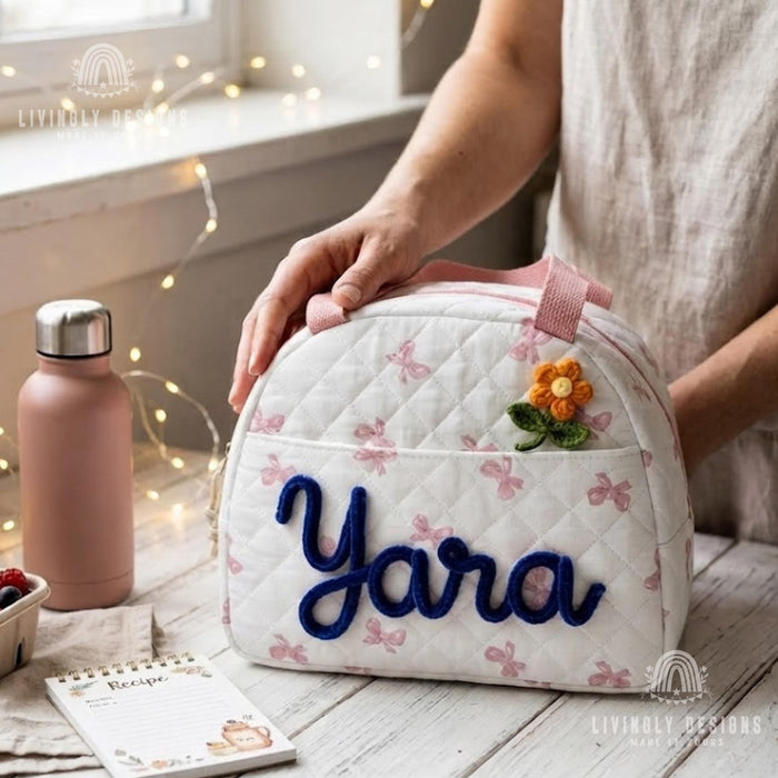 Custom Name Lunch Bag, Hand Embroidered Insulated Tote for School, Work & Preschool