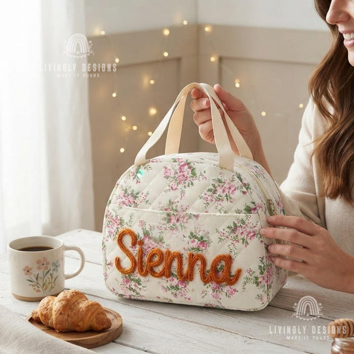 Custom Name Lunch Bag, Hand Embroidered Insulated Tote for School, Work & Preschool