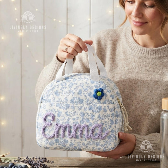 Custom Name Lunch Bag, Hand Embroidered Insulated Tote for School, Work & Preschool