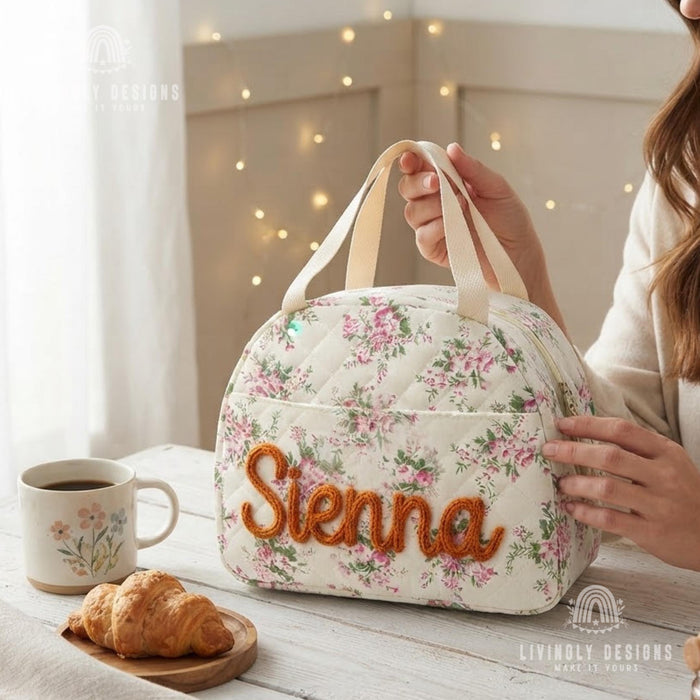 Custom Name Lunch Bag, Hand Embroidered Insulated Tote for School, Work & Preschool
