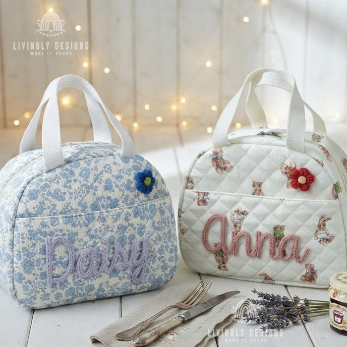 Custom Name Lunch Bag, Hand Embroidered Insulated Tote for School, Work & Preschool