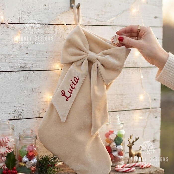 Personalized Velvet Bow Stocking, Large Christmas Mantel Decor Gift