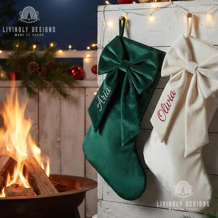 Personalized Velvet Bow Stocking, Large Christmas Mantel Decor Gift