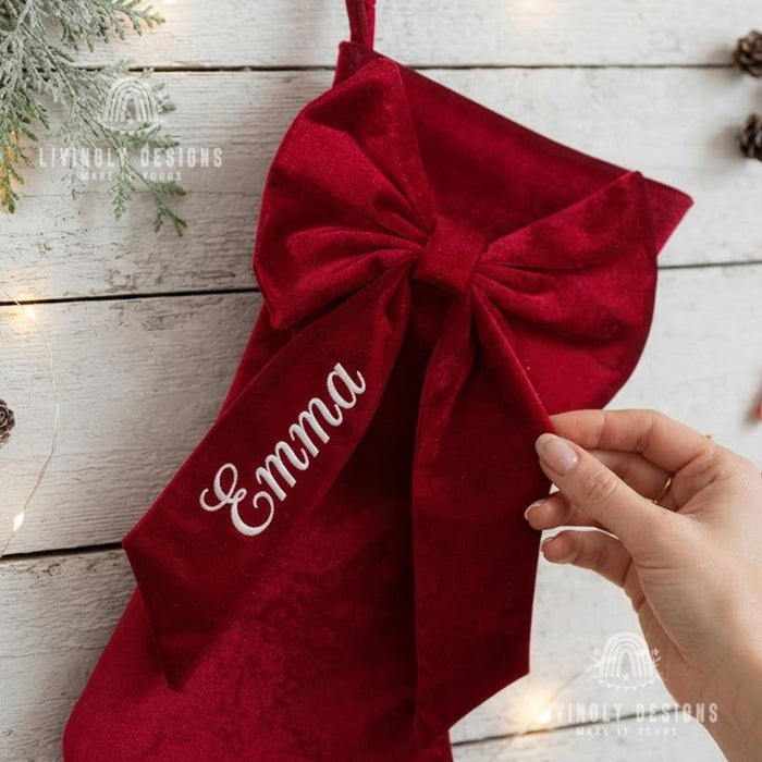 Personalized Velvet Bow Stocking, Large Christmas Mantel Decor Gift