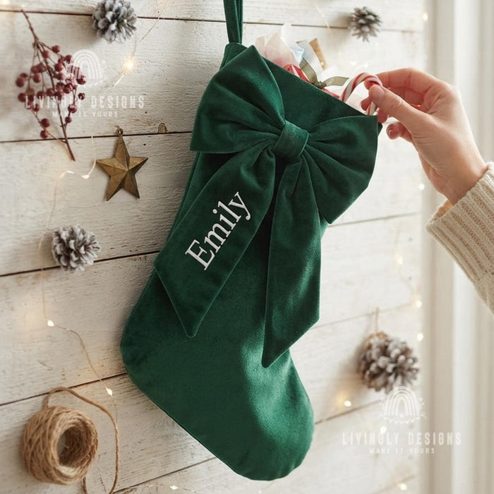 Personalized Velvet Bow Stocking, Large Christmas Mantel Decor Gift